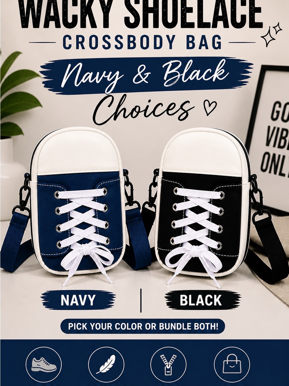 Shoelace Crossbody Bag Sneaker Style Canvas Purse Navy or Black Cute Trendy - Picture 2 of 8